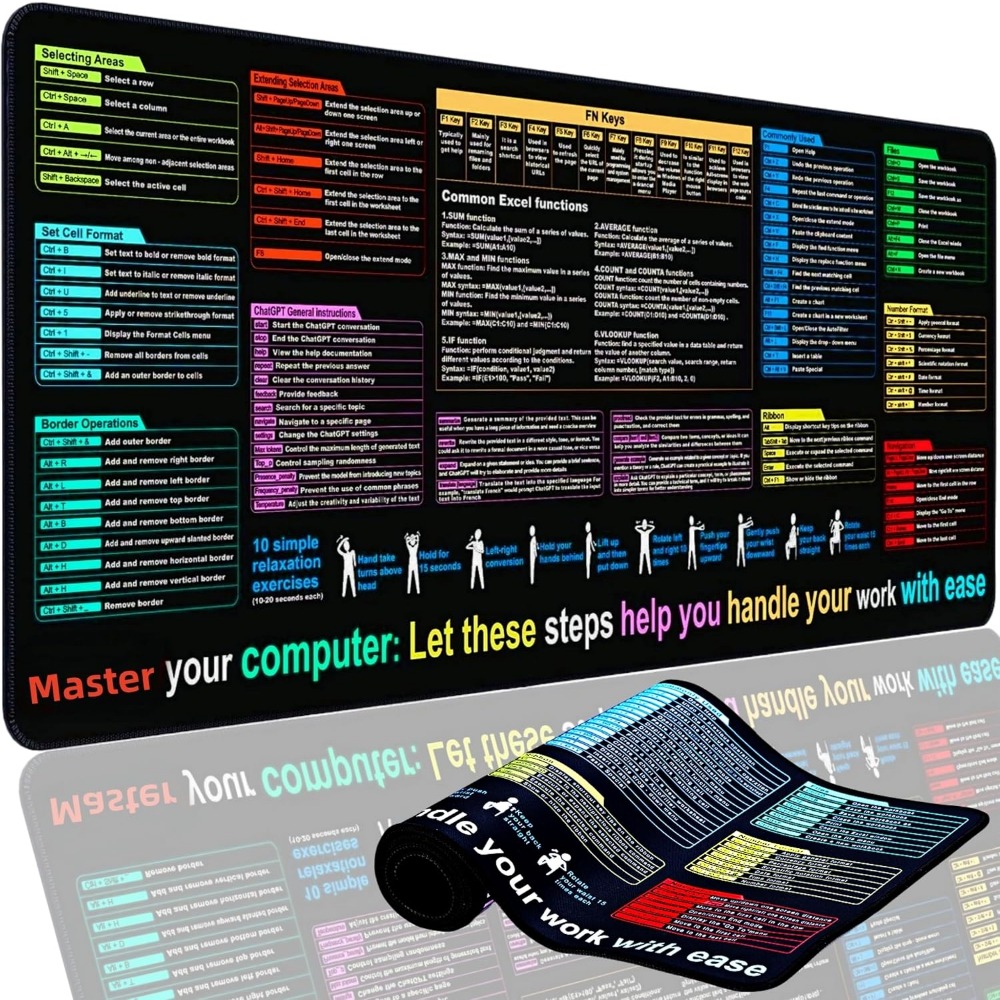 Gaming Desk Mat - XL Excel Formulas and Shortcuts Desk