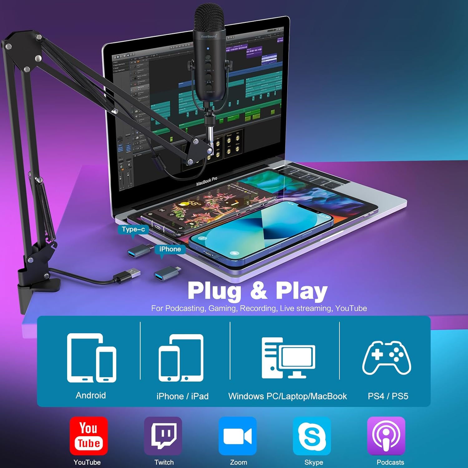 USB Podcast Microphone With Bo - Pc Gaming Youtuber avis et prix